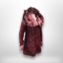 Load image into Gallery viewer, Italian made Purple Bergundy Lamb Leather and Shearling Hooded Studded Coat Jacket