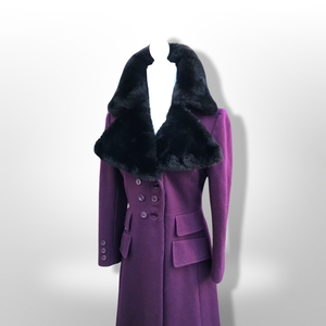 60’s 70’s Plum Purple Long Princess Coat with Sharp Tailoring and Faux Fur Trim