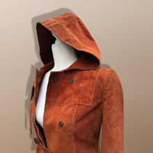 Load image into Gallery viewer, 70’s Vintage Suede Hooded Orange Rust Coat Small Petite Heavy Duty Snap Closure