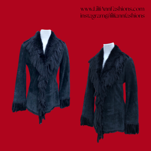 Vintage Black Suede Jacket Blazer Fitted with Tassle Fur Collar