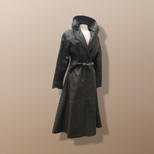 Load image into Gallery viewer, Italian Leather Coat Full Length Scalloped Collar Fit Flare Princess Belted