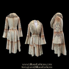 Load image into Gallery viewer, Embroidered Mocha Cream Colored Ombré Sheared Fur Beaver Princess Coat with Crystal Accents Full Skirt and Flared Bell Sleeves Wearable Work of Art One of A Kind