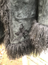 Load image into Gallery viewer, Vintage Black Suede and Curly Mongolian Bohemian Boho Hippy Coat Coachella Burning Man Goth