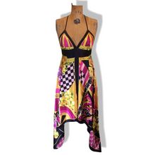 Load image into Gallery viewer, Maxi Dress Asymmetrical Silk Made in Paris V Neck Pink Magenta Yellow Floral and Geometric S/M