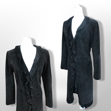 Load image into Gallery viewer, Black Suede Duster with Ruffle Tuxedo Collar Boho