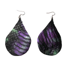 Load image into Gallery viewer, Genuine Snakeskin Leather Earrings Raindrop Elaphe Carinata Snake Purple IRIDESCENT