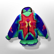 Load image into Gallery viewer, 80’s 90’s Neiman Marcus Genuine Down Puffer Coat in Rainbow Apres Ski “In Living Color” Pride Oversized Chubby Coat Rare Ski Winter Suede Fringr Native American Inspired Style