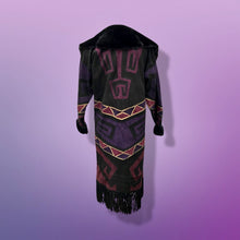 Load image into Gallery viewer, Purple Suede and Genuine Shearling Mosaic Coat with Fringe Western Aztec  Native Cowgirl Inspired Magenta Black and Gold