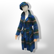 Load image into Gallery viewer, Made in Scotland Scottish Pure Mohair and Wool Plaid Coat Hat Scarf Three Piece Set Blue Yellow Wrap Style