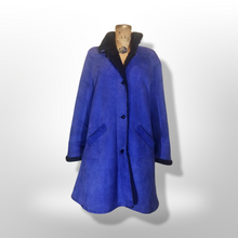 Load image into Gallery viewer, Blue Suede Shearling Coat Birger Christensen Made in Copenhagen Vtg 70s 80s Swing Coat A-Line Penny Lane Hippy