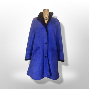Blue Suede Shearling Coat Birger Christensen Made in Copenhagen Vtg 70s 80s Swing Coat A-Line Penny Lane Hippy
