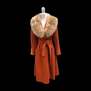 70’s Vintage Wrap Coat in Fall Autumnal Orange Fit and Flare Princess Wool and Shearling