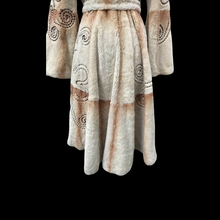 Load image into Gallery viewer, Embroidered Mocha Cream Colored Ombré Sheared Fur Beaver Princess Coat with Crystal Accents Full Skirt and Flared Bell Sleeves Wearable Work of Art One of A Kind