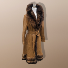 Load image into Gallery viewer, 70’s Caramel Leather Coat with Genuine Fur Trim Princess Fit and Flare Style