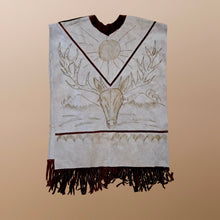 Load image into Gallery viewer, 70’s Suede Poncho Cape Equestrian Serape with Carved Two Bulls Fighting Scene Fringe Border One Size Fits All Cowboy Cowgirl Unisex Southwestern Mexican Native Boho One of A Kind