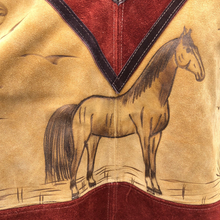 Load image into Gallery viewer, 70’s Suede Poncho Cape Equestrian Serape with Carved Horse Scene Mint Condition Fringe Border One Size Fits All Cowboy Cowgirl Unisex Southwestern Mexican Native Boho One of A Kind