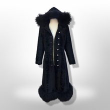 Load image into Gallery viewer, 70’s Vintage Black Princess Shearling and Faux Astrakhan Lamb Fabric hooded Fit and Flare Boho