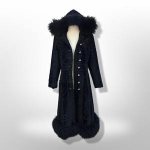 70’s Vintage Black Princess Shearling and Faux Astrakhan Lamb Fabric hooded Fit and Flare Boho