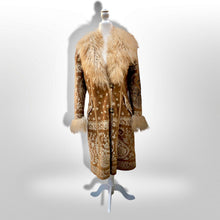 Load image into Gallery viewer, Boho Penny Lane Caramel Suede Sheepskin Curly Mongolian Lamb Intricate Embroidery Embroidered Coat Custom Made in France