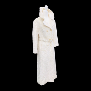 Vintage Robert Meshekoff Faux Persian Lamb Astrakhan White Belted Full Length Double Breasted Coat