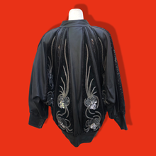 Load image into Gallery viewer, Vintage Glam 80’s Couture Neiman Marcus Leather Dolman Batwing Cocoon Black Leather Suede Hand Beaded Sequined Jacket Studio 54 80’s Iman Style One Size Fits Most