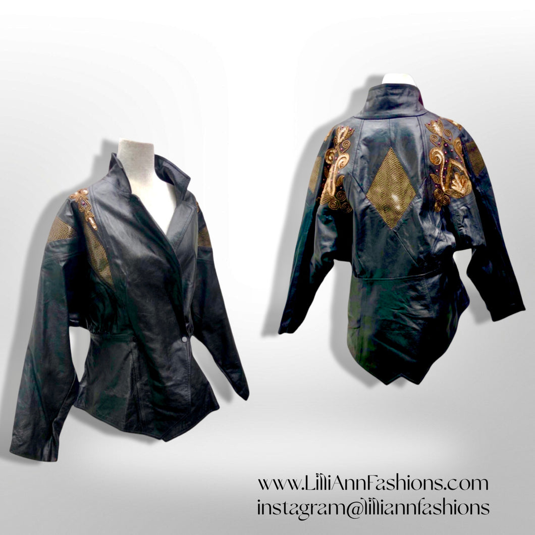 80’s Black Leather Jacket Glam Gold Beaded and Embroidered Studio 54 David Bowie Style Dolman Sleeve