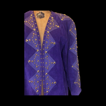 Load image into Gallery viewer, Suede Purple Studded Coat Purple Rain Prince Gold Metal Studded 80's Total Glam Long Throw Coat M/L/XL 1980s