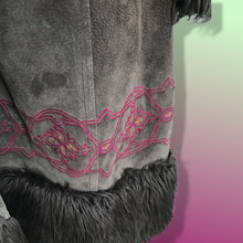 Load image into Gallery viewer, Boho Embroidered Suede Brown and Magenta faux shearling princess hooded coat