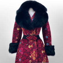 Load image into Gallery viewer, 60’s 70’s Rare Red Carpet Tapestry Coat Needlepoint Floral Exotic Design with Genuine Fox Fur and Goat Shearling Trim Jeweled Belt Small Petite