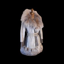 Load image into Gallery viewer, 60s Mod Cream Mink Lynx Massive Coyote Fox Fur Collar and Trim Leather- I magnin Fit Flare Princess Luxury 36&quot; Bust