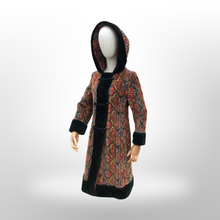 Load image into Gallery viewer, Vintage Hooded Tapestry Carpet Needlepoint Multi Color Rich Coat with Faux Fur Trim and Beaded Belt Boho Princess Boho Chic