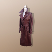 Load image into Gallery viewer, 70’s Leather Spy Trench Coat Oxblood Maroon Deep Bergundy Color