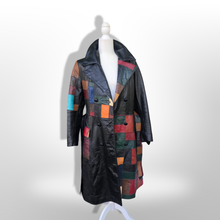 Load image into Gallery viewer, 70s Leather Coat l Black Patchwork Fit Flare Trench Spy Boho Studio 54 Mosaic boho chic One of a Kind