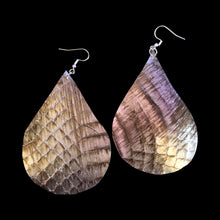 Load image into Gallery viewer, Genuine Snakeskin Leather Earrings Raindrop Elaphe Carinata Snake Purple and Silver IRIDESCENT