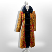 Load image into Gallery viewer, 60s 70s Vintage Gold And Red Floral Carpet Tapestry Coat Velvet Sherpa Boho Chic Burning Man Woodstock Russian Princess Sergeant Pepper's