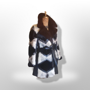 Vintage Women's Coat- Mod Dramatic 60s Cross Mink White Black Leather Mosaic Geometric Princess Jacket Coat