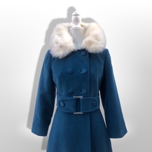 Load image into Gallery viewer, 60’s 70’s Velveteen Blue Coat Vegan Faux Fur Belted