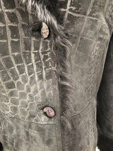Load image into Gallery viewer, Black Hooded Shearling Suede Coat Alligator Print with Full Shearling Lining