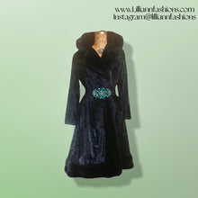 Load image into Gallery viewer, 60s 70s Black Faux Fur Faux Persian Lamb Princess Coat Jeweled Belt Russian Princess M/L Boho