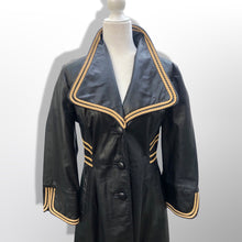 Load image into Gallery viewer, 70’s Leather Black Trench Spy Coat with Gold Braided Leather Trim