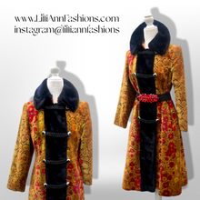 Load image into Gallery viewer, 60s 70s Vintage Gold And Red Floral Carpet Tapestry Coat Velvet Sherpa Boho Chic Burning Man Woodstock Russian Princess Sergeant Pepper's