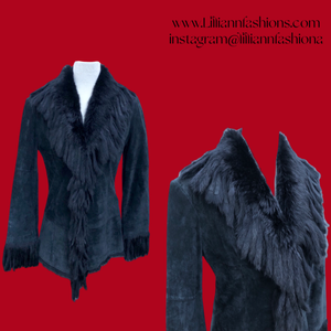Vintage Black Suede Jacket Blazer Fitted with Tassle Fur Collar