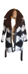 Vintage Women's Coat- Mod Dramatic 60s Cross Mink White Black Leather Mosaic Geometric Princess Jacket Coat