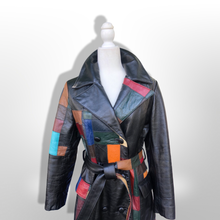 Load image into Gallery viewer, 70s Leather Coat l Black Patchwork Fit Flare Trench Spy Boho Studio 54 Mosaic boho chic One of a Kind