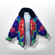 Load image into Gallery viewer, 80’s 90’s Neiman Marcus Genuine Down Puffer Coat in Rainbow Apres Ski “In Living Color” Pride Oversized Chubby Coat Rare Ski Winter Suede Fringr Native American Inspired Style