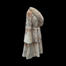 Load image into Gallery viewer, Embroidered Mocha Cream Colored Ombré Sheared Fur Beaver Princess Coat with Crystal Accents Full Skirt and Flared Bell Sleeves Wearable Work of Art One of A Kind