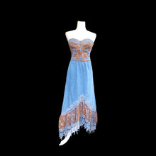 Load image into Gallery viewer, 80’s Vintage Three Piece Jean and Lace Skirt Bustier and Jacket Beaded and Embroidered Cowgirl Cowboy Beyoncé Style