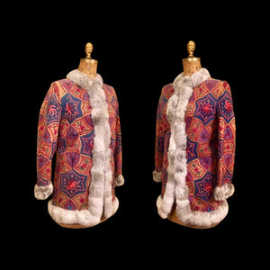 Vintage Women's 70s Coat Embroidered Suede Colorful Bright Mandala Festive Afghan Turkish Genuine Fur Trim