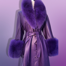 Load image into Gallery viewer, Purple Lamb Leather and Fox Fur Trench Fit and Flare Coat