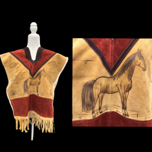 Load image into Gallery viewer, 70’s Suede Poncho Cape Equestrian Serape with Carved Horse Scene Mint Condition Fringe Border One Size Fits All Cowboy Cowgirl Unisex Southwestern Mexican Native Boho One of A Kind